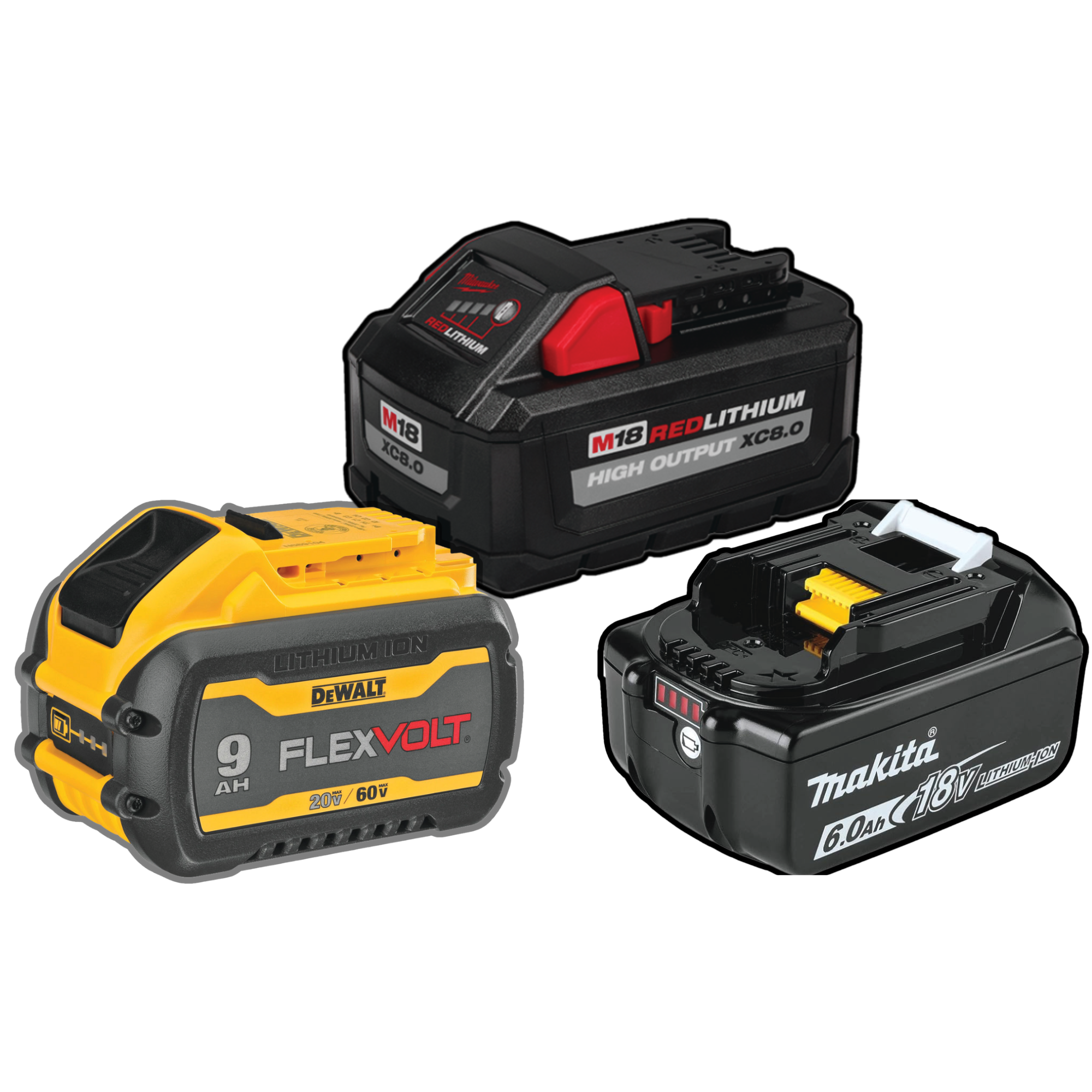 TNT 3 Battery Options Milwaukee DeWalt & Makita This image depicts the 3 non-proprietary battery options that TNT allows customers to use. Milwaukee, DeWalt, and Makita.